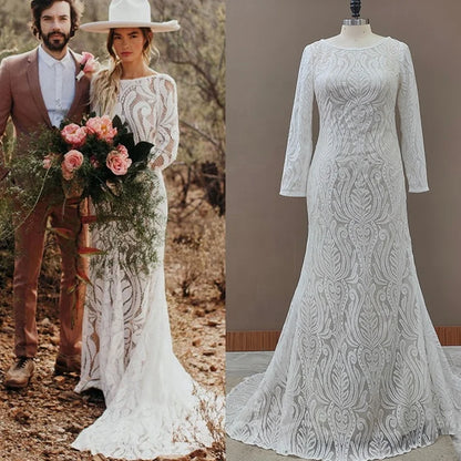 #4053 New Elegant Lace Bateau Long Sleeves Boho Wedding Dress Backless Plus Size Rustic Bridal Photoshoot Gown