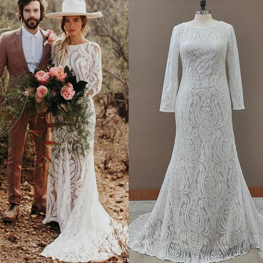 #4053 New Elegant Lace Bateau Long Sleeves Boho Wedding Dress Backless Plus Size Rustic Bridal Photoshoot Gown