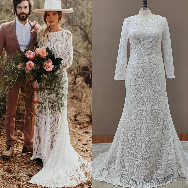 #4053 New Elegant Lace Bateau Long Sleeves Boho Wedding Dress Backless Plus Size Rustic Bridal Photoshoot Gown