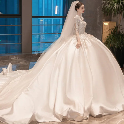S0417T High-End Bohemian Wedding Dress One-Shoulder Beaded Diamond Tulle Elegant Dreamy Simple Spring Bridal Gown High Collar
