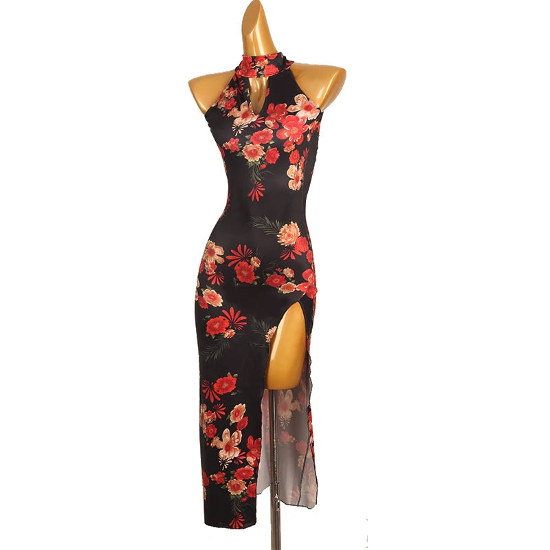 New Split Skirt Latin Dance Party Chiffon Dress V-neck Natural Waistline Breathable Floor-Length