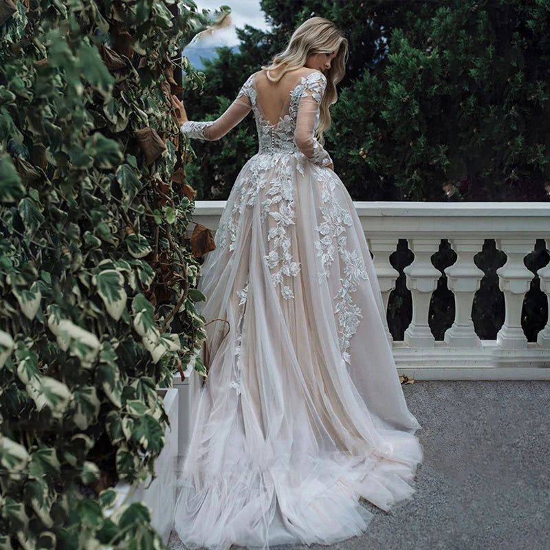 #13798 Modern Long Sleeve Wedding Dress Ball Gown Sexy Boat Neck Appliques Bridal Gown Lace Backless Button Tulle Sweep Train