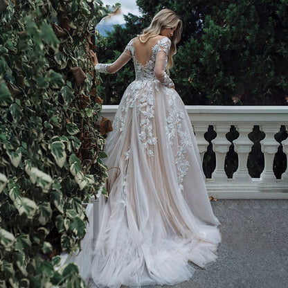 #13798 Modern Long Sleeve Wedding Dress Ball Gown Sexy Boat Neck Appliques Bridal Gown Lace Backless Button Tulle Sweep Train