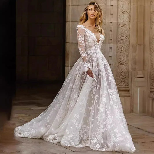 Spring New Wedding Dress Women's Solid Color Sexy V-neck Dress