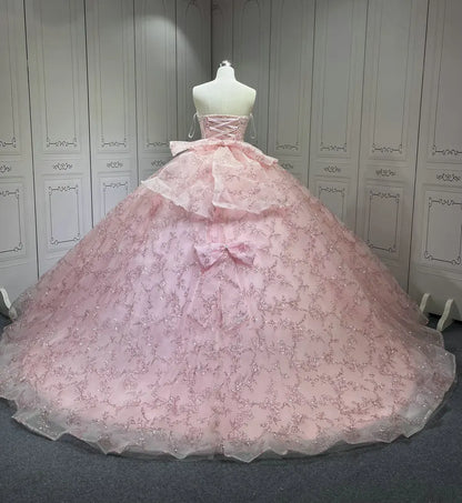 Mumuleo Sleeveless Crystal Vestidos De 15 Anos Pink Quinceanera Dress Sweetheart Neck Glitter Sequin Sweet 15 Gowns With Bow