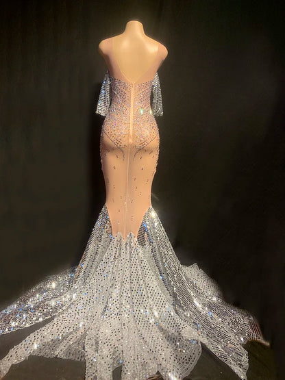 Elegant See Through Glitter Sequins Rhinestone Wedding Party Ball Gowns for Women Prom Trailing Dress Mermaid Evening Dresses