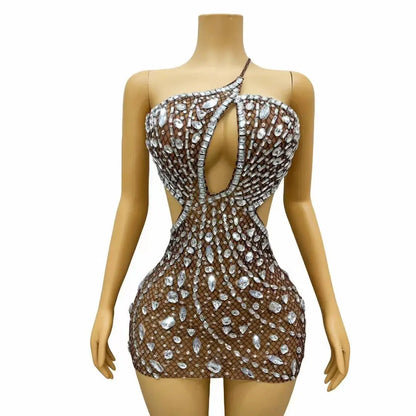 Sexy Diamond Birthday Banquet Dress Lady Cut Out Dinner Gown Women Backless Rhinestone Prom Mini Dress Night Club Party Dress