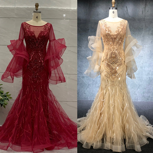 2020 New Arrival Beading Mermaid Ruffle Sleeve Evening Dresses Party Dress for Women Dress