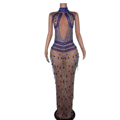 Luxury Fringes Crystal Prom Gown Ladies Sequin Birthday Cocktail Long Dress Women Sexy Diamonds Formal Dinner Evening Dress