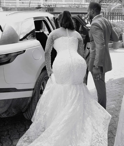 African Aso Ebi 2026 Off White Mermaid Wedding Dress Sheer Full Sleeves Beaded Pearls Vintage Elegant Bridal Gowns Dresses MW639