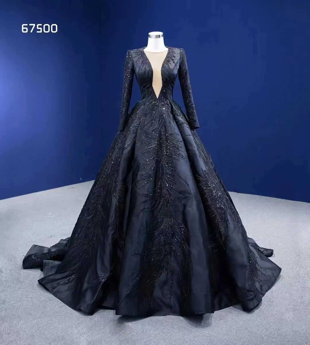 Wholesale Feishiluo Luxury Bead Wedding Dress Gowns Black Bridal Long Sleeves Dress