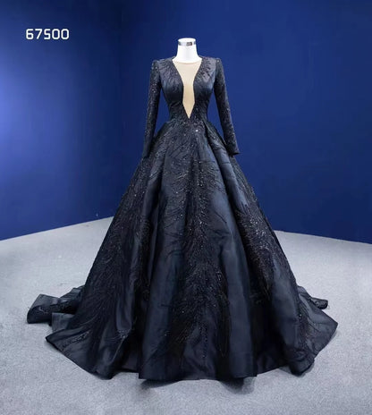 Wholesale Feishiluo Luxury Bead Wedding Dress Gowns Black Bridal Long Sleeves Dress