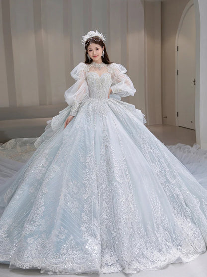 S0418T High-End Bohemian Wedding Dress One-Shoulder Beaded Diamond Tulle Elegant Dreamy Simple Spring Bridal Gown High Collar