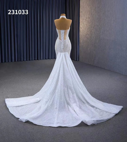 Feishiluo Modern Luxurious Beaded Mermaid Wedding Dress All Bead Mermaid Sexy Backless with Lace & Appliques Plus Size