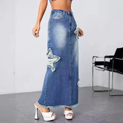 Retro High-waisted Denim Dress Starlet Tassel Pattern Design Long Skirt Lady Tight-fitting Hip Spice Skirt