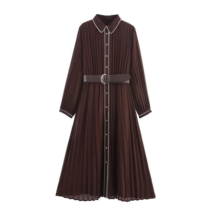 Style Chiffon High Waist Belted Ruched Midi Dress-Fashion Trend Versatile Design