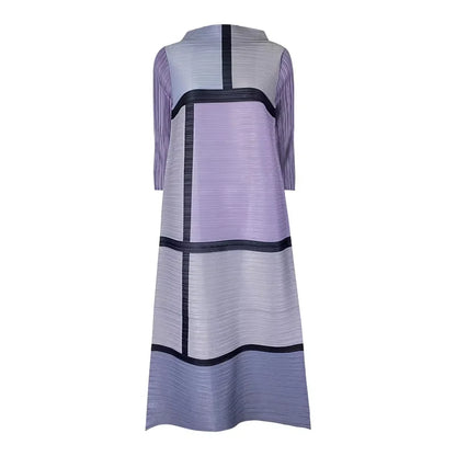 Miyake Pleated New Summer Loose European Contrast Color Women's Casual Long Dress