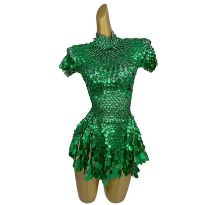 Fashion Short Sleeve Sequin Night Club Party a Line Dress Las Vegas Show Stage Performance Festival Outfit Dancer Costumes