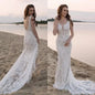 13508# Chic Spaghetti Straps V-Neck Sleeveless Backless Mermaid Lace Simple Bohemian Beach Wedding Dress Bridal Gown