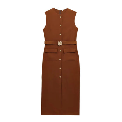 Women's new fashion split midi dress retro O-neck sleeveless women's fashion dress Vestidos Mujer