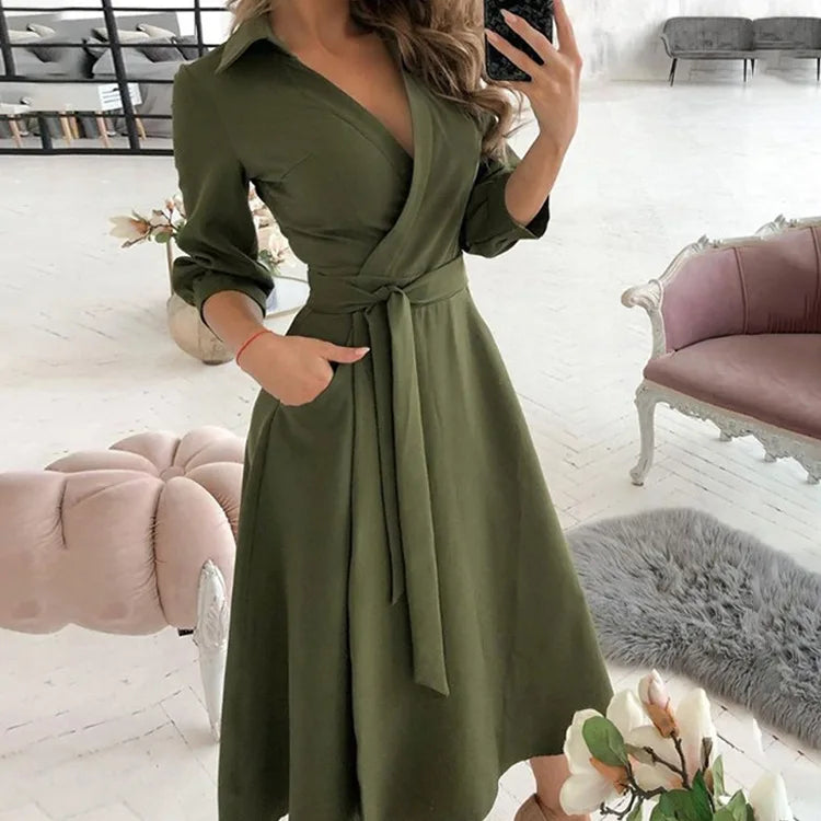 New Woman Clothes  Fashionable Long-sleeved V-neck Printed Hip-hugging Dress for Women Lapel Shirt Dress  With High Quality
