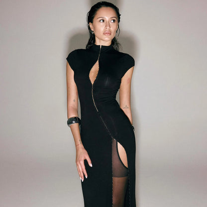 Sexy Mandarin Collar Solid Maxi Dress Cut-Out High Slit-Glam Short Sleeve Natural Waist Breathable Washable Chinoiserie Party