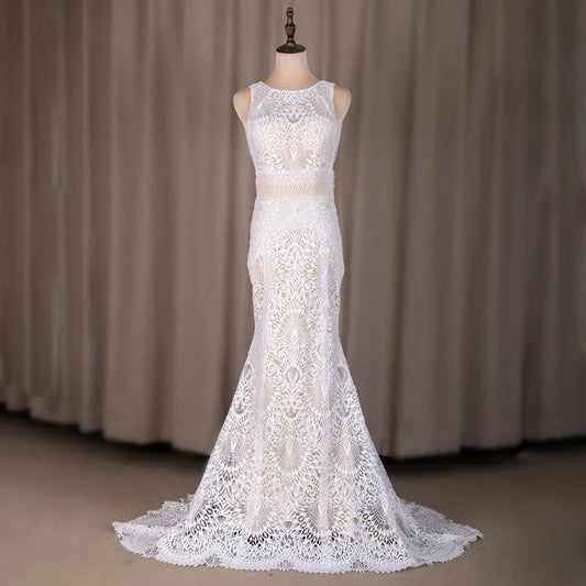 Real Photos Boho Sleeveless Appliques Lace Mermaid Wedding Dress for Woman Sweep Train Backless Bride Gown for Wedding