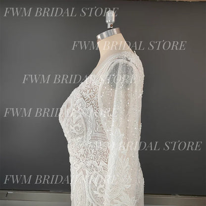 Exquisite V-neck Mermaid Wedding Dress for Plus Size Women Sweep Train Illusion Appliques Lace Long Sleeves Bridal Gown