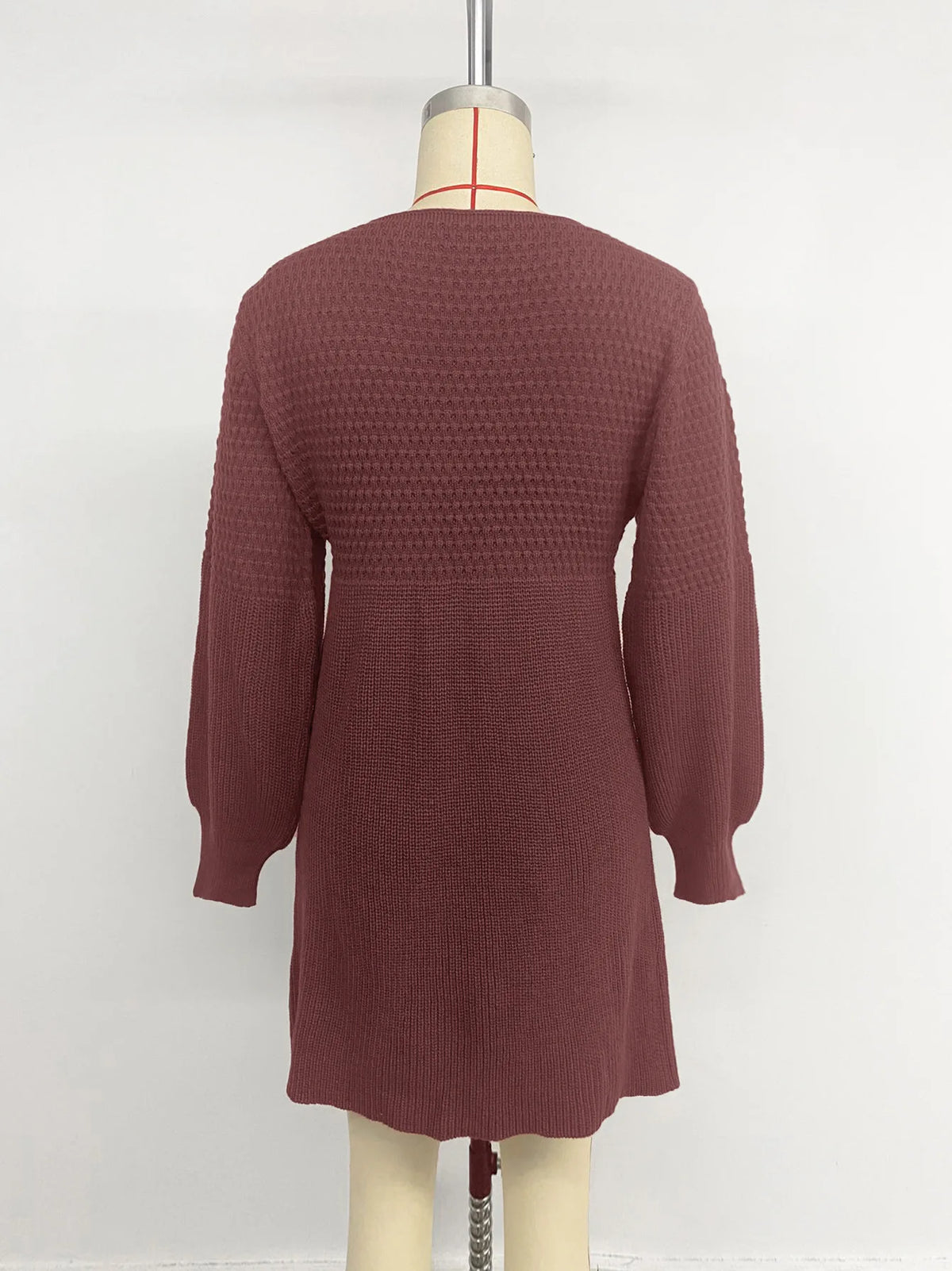 Hot Sale European American Style Autumn Winter Casual Dating V-neck Puff Sleeve Solid Color Sweater Dress