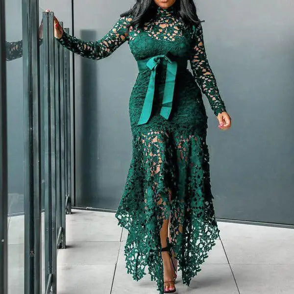 Boutique Wholesale 2025 Autumn New Fashion Stand Collar Lace Hollow Out Long Sleeved Irregular Women's Dress