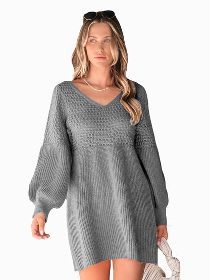 Hot Sale European American Style Autumn Winter Casual Dating V-neck Puff Sleeve Solid Color Sweater Dress