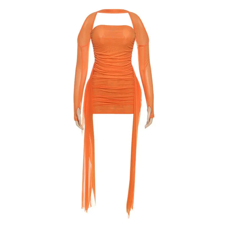 Valentine Mesh Women Mini Dress Fashion Solid Strapless Ribbons Tassel Body-shaping Vestidos+Seperately Full Sleeve Gloves