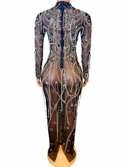 Ocstrade High Quality Luxury Women Stage Dress Long Sleeves Pearls Tassel Beading Crystal Mesh See Through Performance Dress
