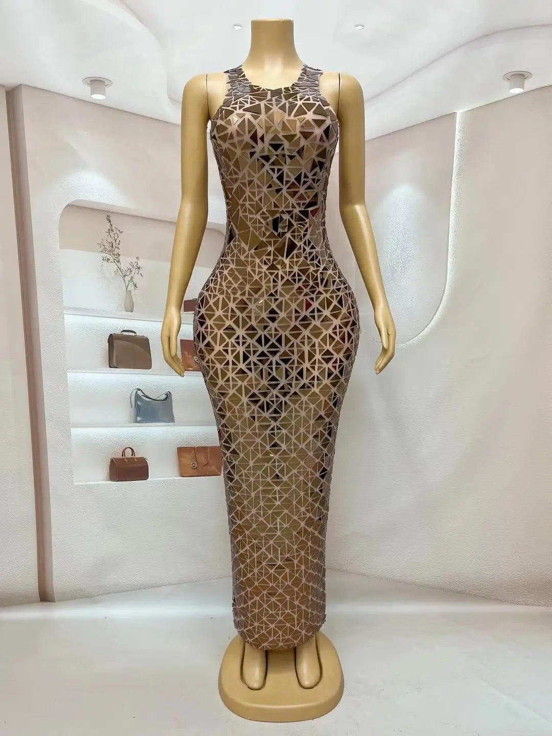 Vestidos Mujer Sleeveless Mirror Sequins Prom Gown See Through Nightclub Party Long Dress Women Formal Banquet Evening Dress