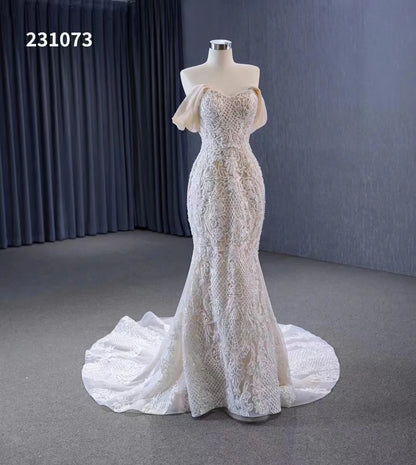 Feishiluo Modern Luxurious Mermaid Wedding Dress All Bead Removable Off-Shoulder with Lace Decoration Appliques and Embroidery