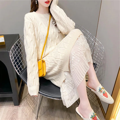 Wholesale 2026 Autumn and Winter New Lace Stitching Sweater Dress Women Loose Elegant Temperament Women Dress