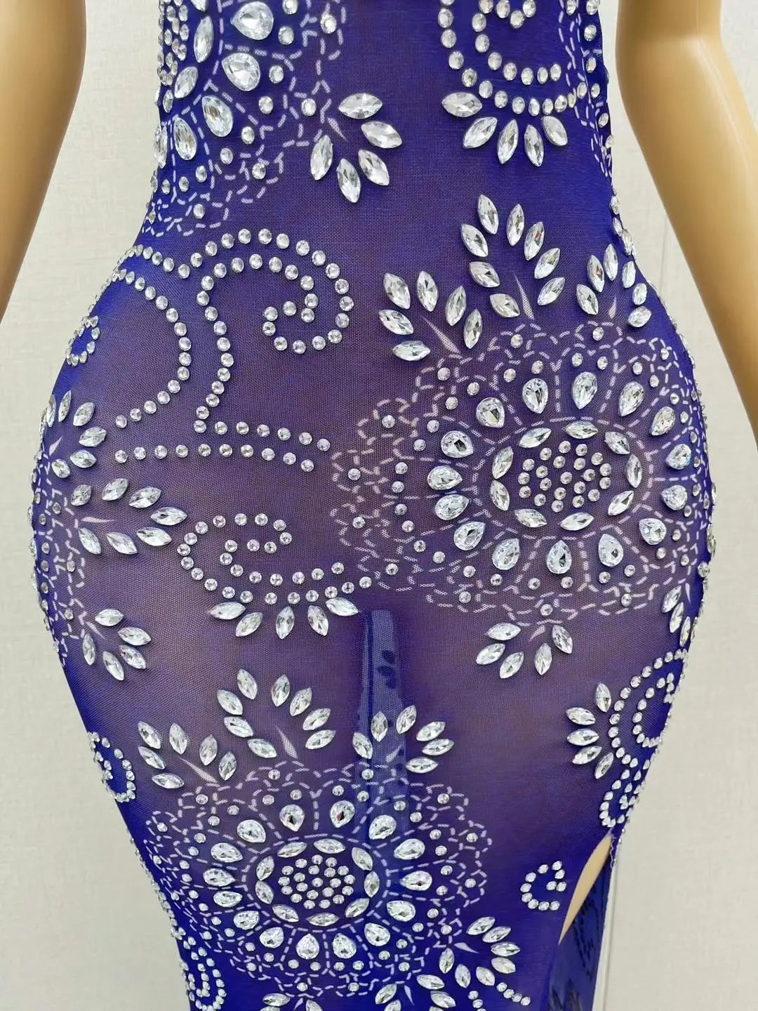 Luxury Boutique Clothing Blue Stones and Crystals See Through Prom Gown Women Strapless Party Maxi Dress Banquet Evening Dress