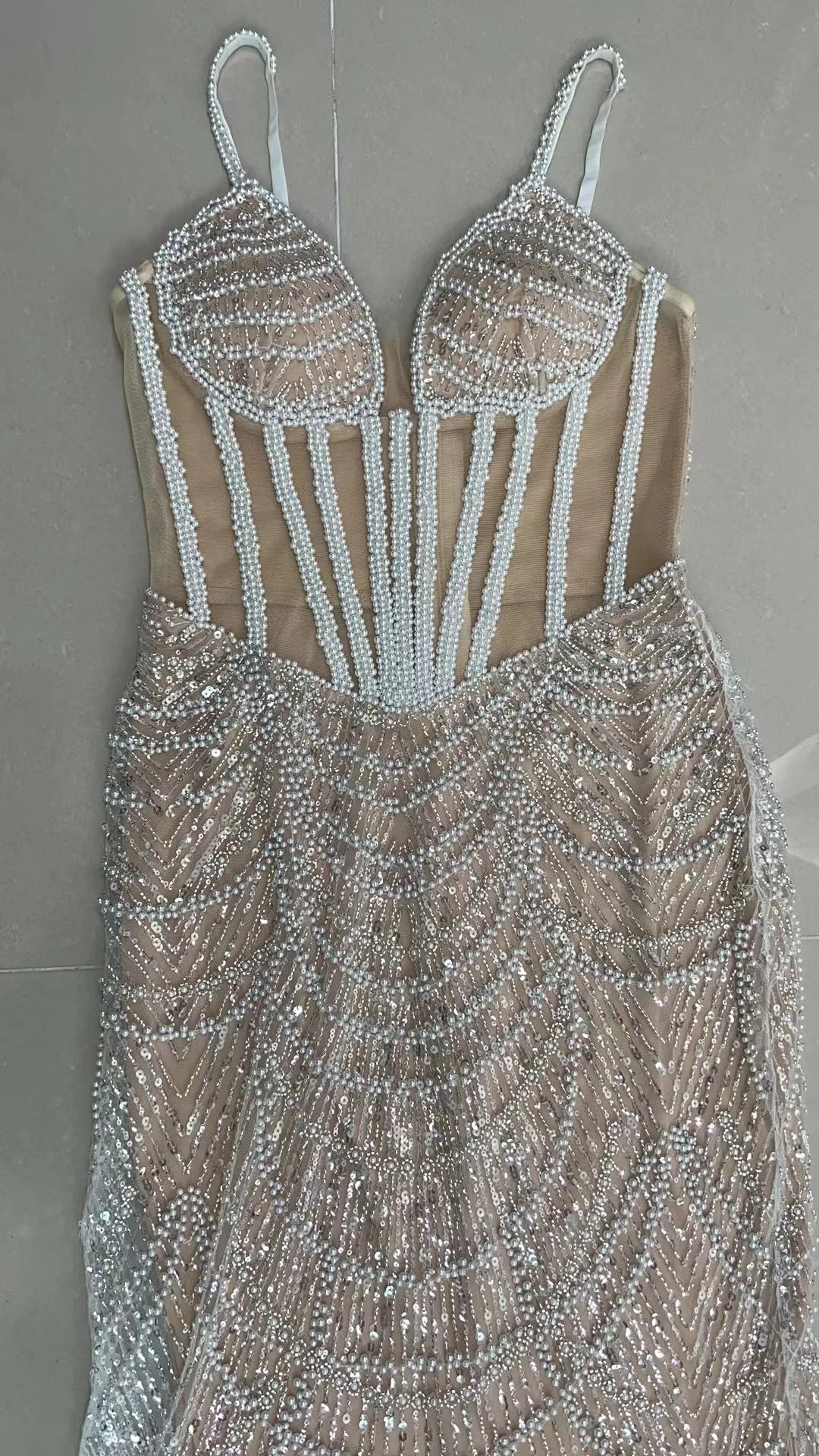 ED2638 Women Party Dresses Long Evening Elegant Lace Fabric Shiny Dress Luxury Women Dress Pearl Sequins