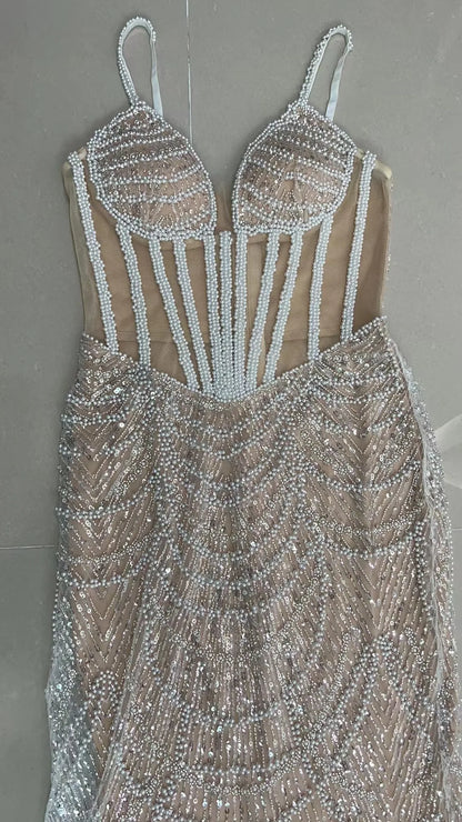 ED2638 Women Party Dresses Long Evening Elegant Lace Fabric Shiny Dress Luxury Women Dress Pearl Sequins