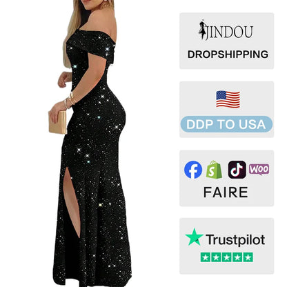 2026 Women's Sexy Off-shoulder  Asymmetric Glittered and Beaded Evening Dress