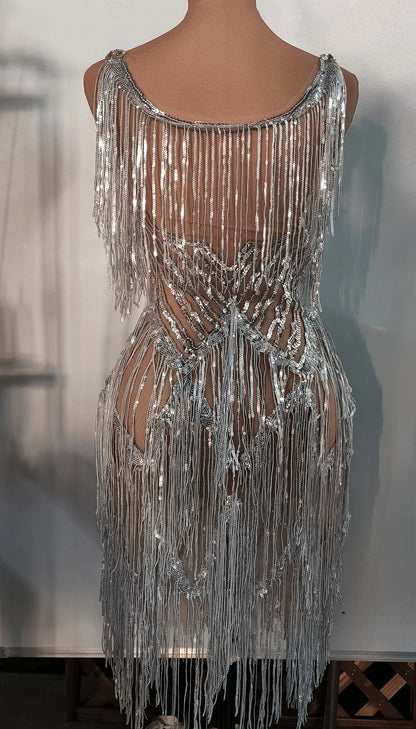 Shiny Sleeveless Sequins Tassel Mini Birthday Party Dress Evening Gowns Show Dance Wear Short Prom Dresses Women Sexy Club Dress