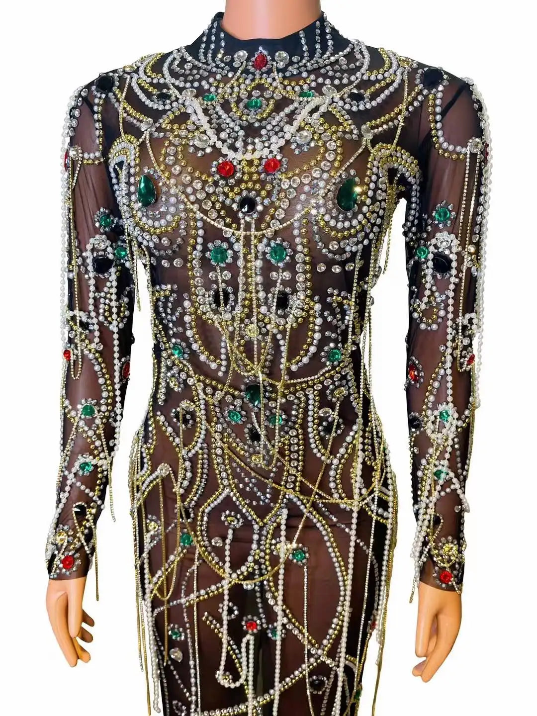 Ocstrade High Quality Luxury Women Stage Dress Long Sleeves Pearls Tassel Beading Crystal Mesh See Through Performance Dress