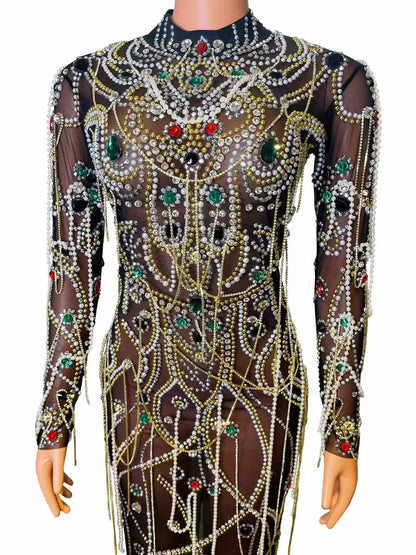 Ocstrade High Quality Luxury Women Stage Dress Long Sleeves Pearls Tassel Beading Crystal Mesh See Through Performance Dress