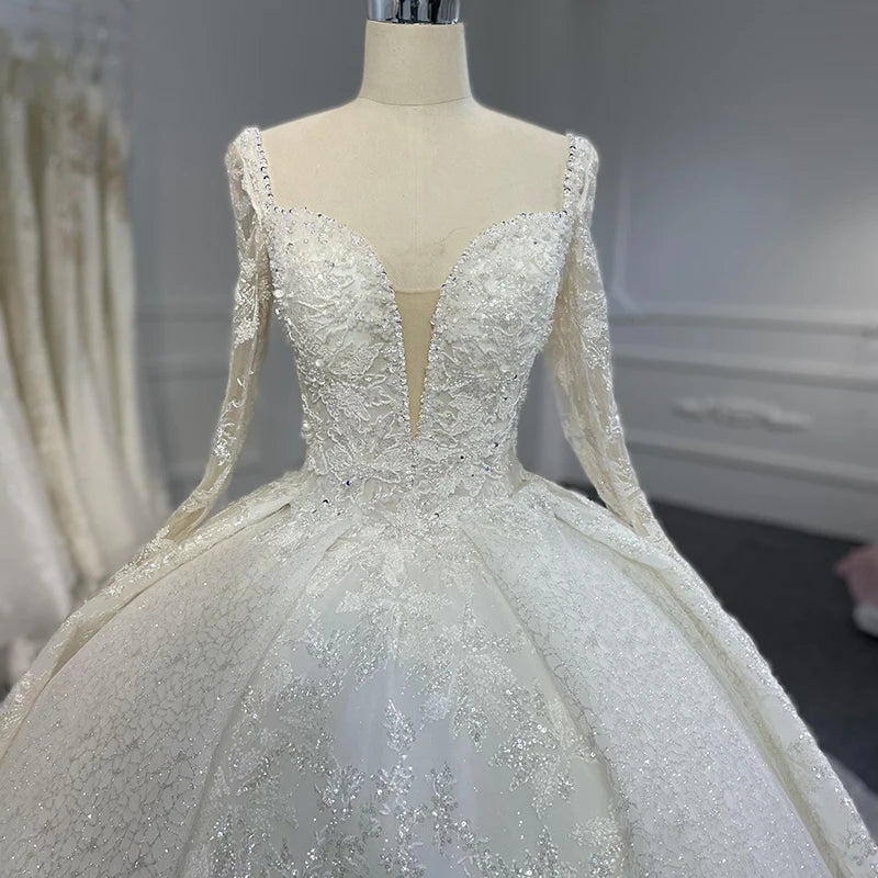 Jancember LSB062 Exquisite V-neck Long Sleeves Lace up Ball Wedding Dress 2023
