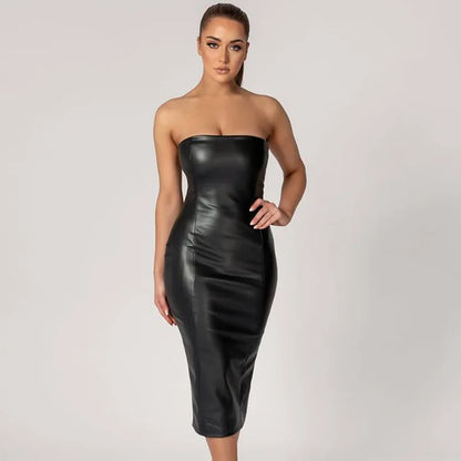 Wholesale Fashion Elegant Strapless Zipper Sexy Pu Leather Formal Midi Dresses for Ladies