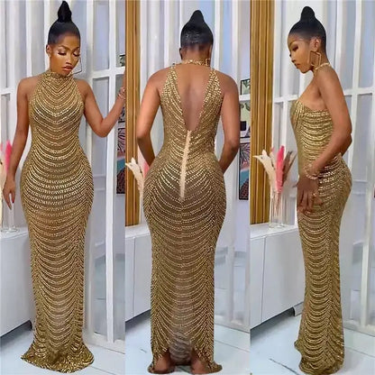 Spring New Elegant Cross-Border  Women's Evening Rhinestone Embellished A-Line Floor-Length Party High INS
