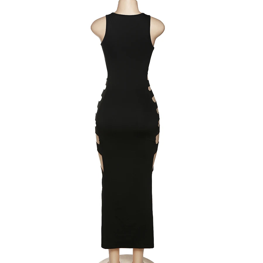 Sexy Black Slim Party Dress Side Split Skinny Hollow Out Dress Elegant Women Casual Dresses