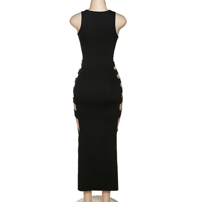 Sexy Black Slim Party Dress Side Split Skinny Hollow Out Dress Elegant Women Casual Dresses
