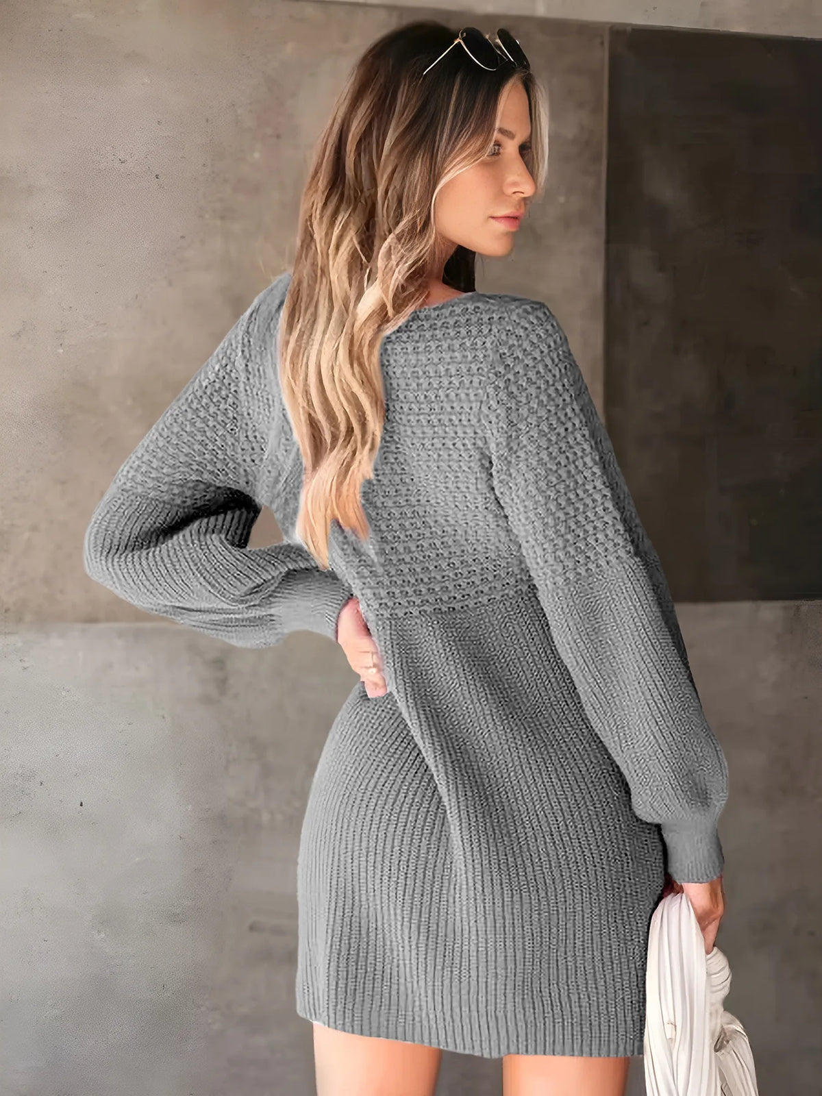 Hot Sale European American Style Autumn Winter Casual Dating V-neck Puff Sleeve Solid Color Sweater Dress