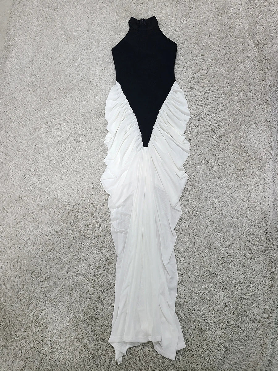Patchwork Sleeveless Split Maxi Dress Women Fashion Contrast Color Halter Backless Ruched Bodycon Club Party Long Dress New